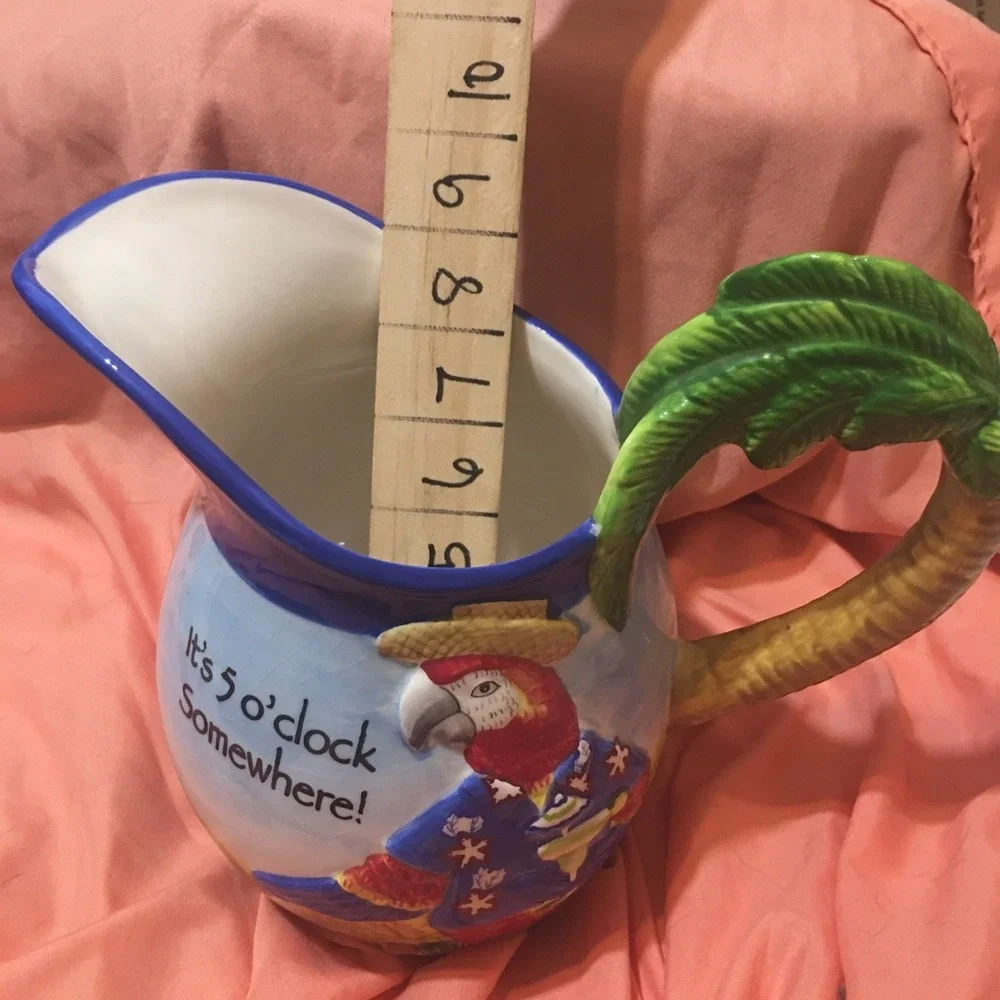 Its 5 O'clock Somewhere Tropical Parrot Palm Tree Ceramic Margarita Pitcher Read